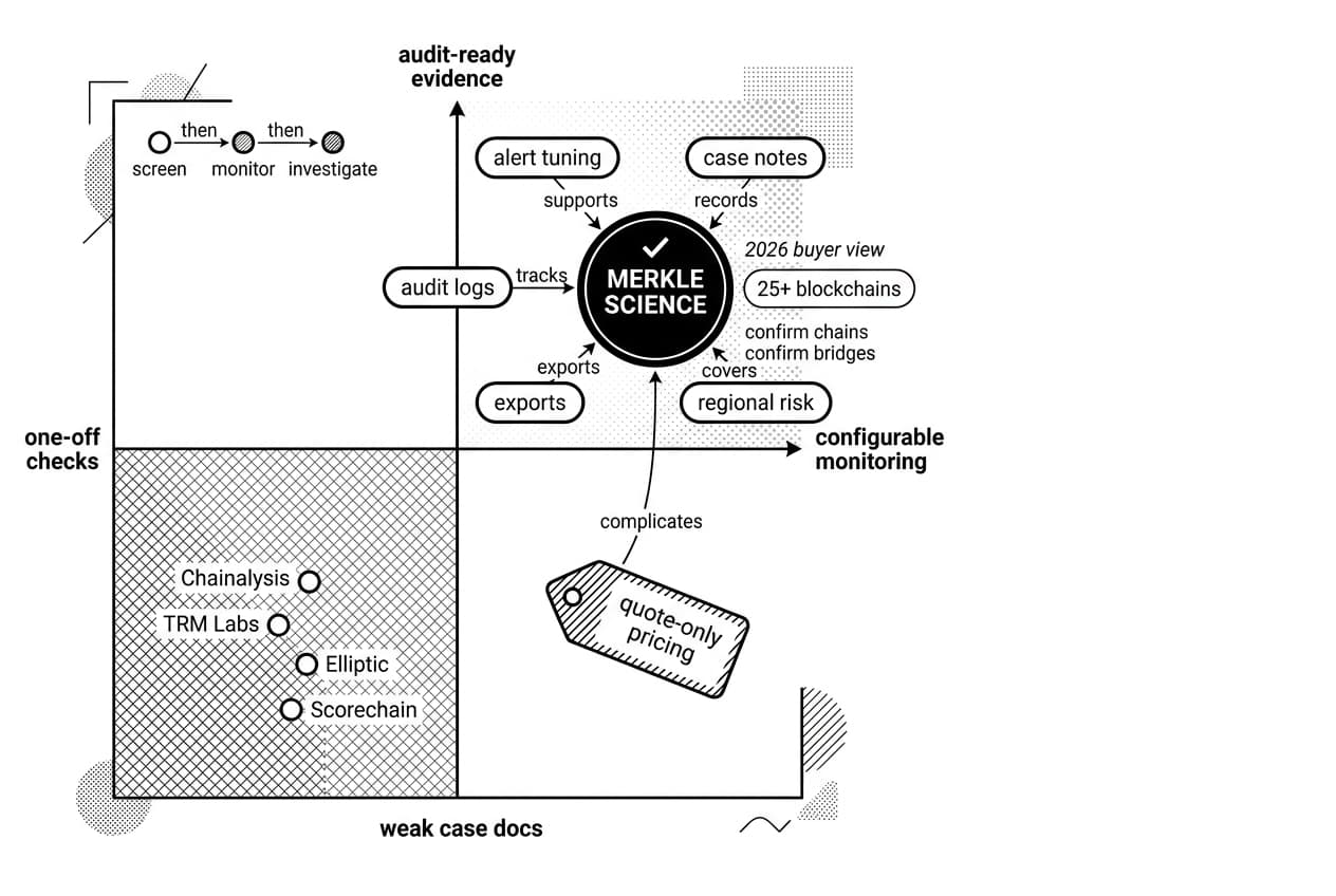 Merkle Science decision matrix showing monitoring, audit evidence, pricing, and competitors.