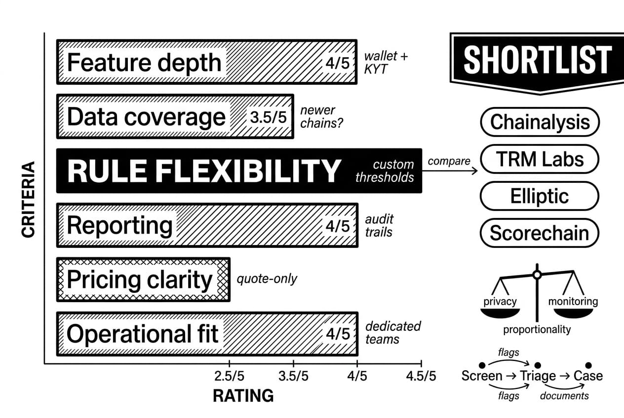 Bar-chart verdict card rating Merkle Science compliance criteria with Chainalysis, TRM Labs, Elliptic, Scorechain.