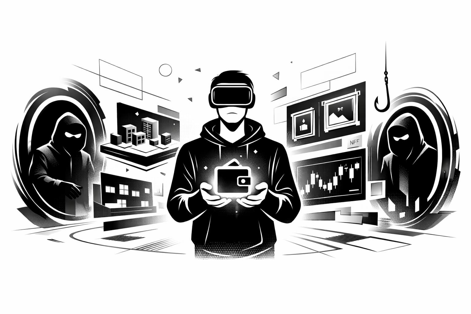 VR user in virtual marketplace surrounded by scam symbols and digital assets