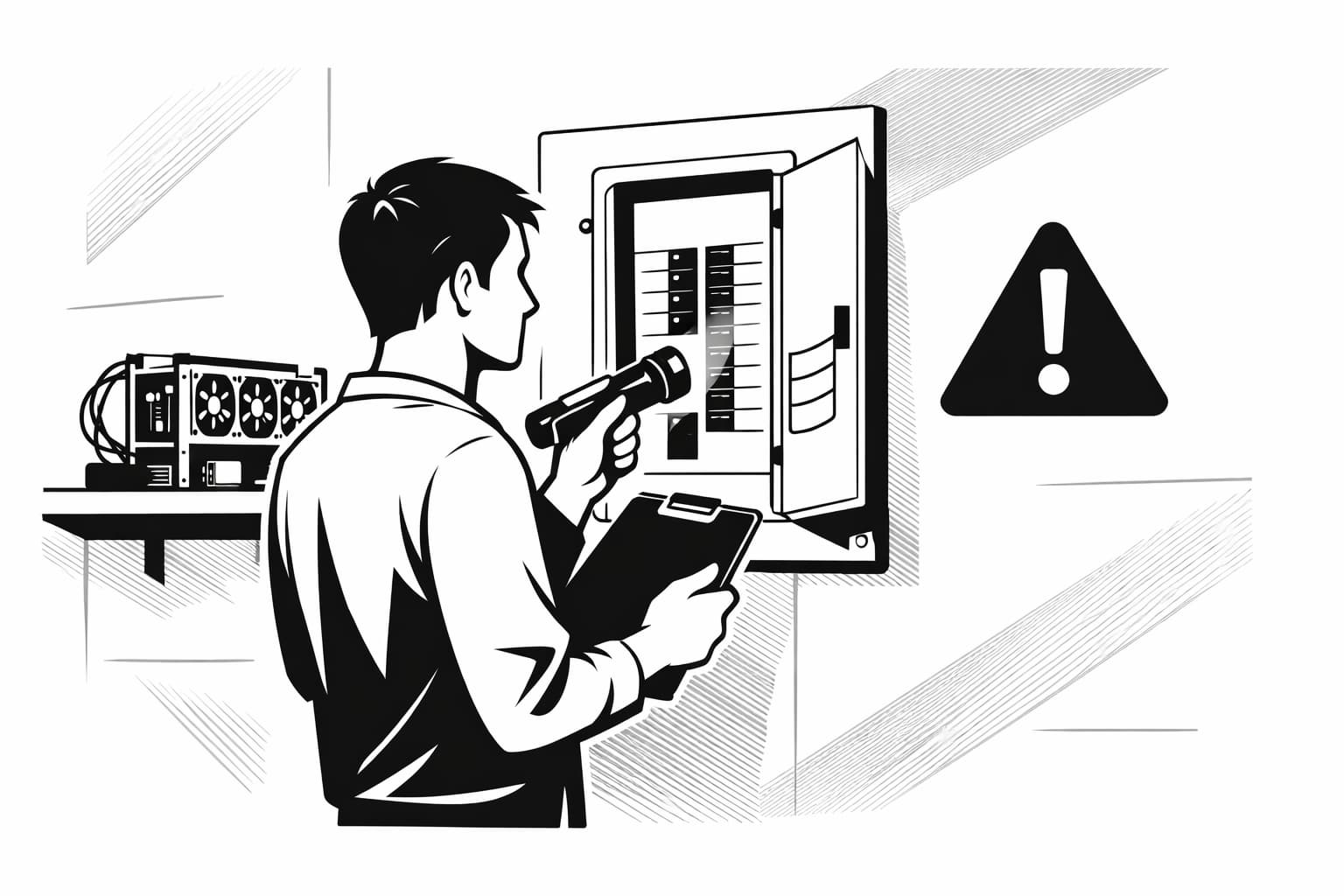 Homeowner assessing closed breaker panel safely with warning symbol and clipboard