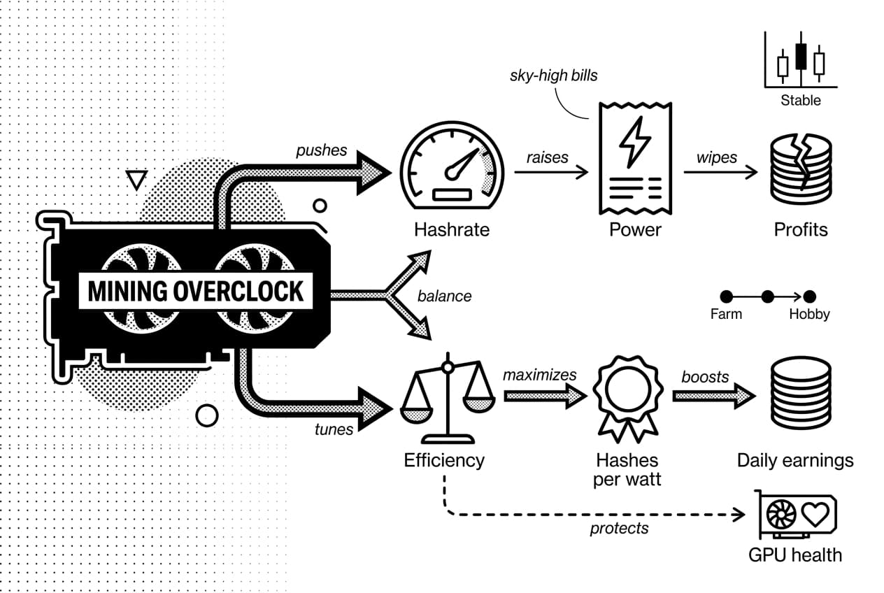 Monochrome GPU mining overclock infographic showing hashrate versus efficiency paths and outcomes.