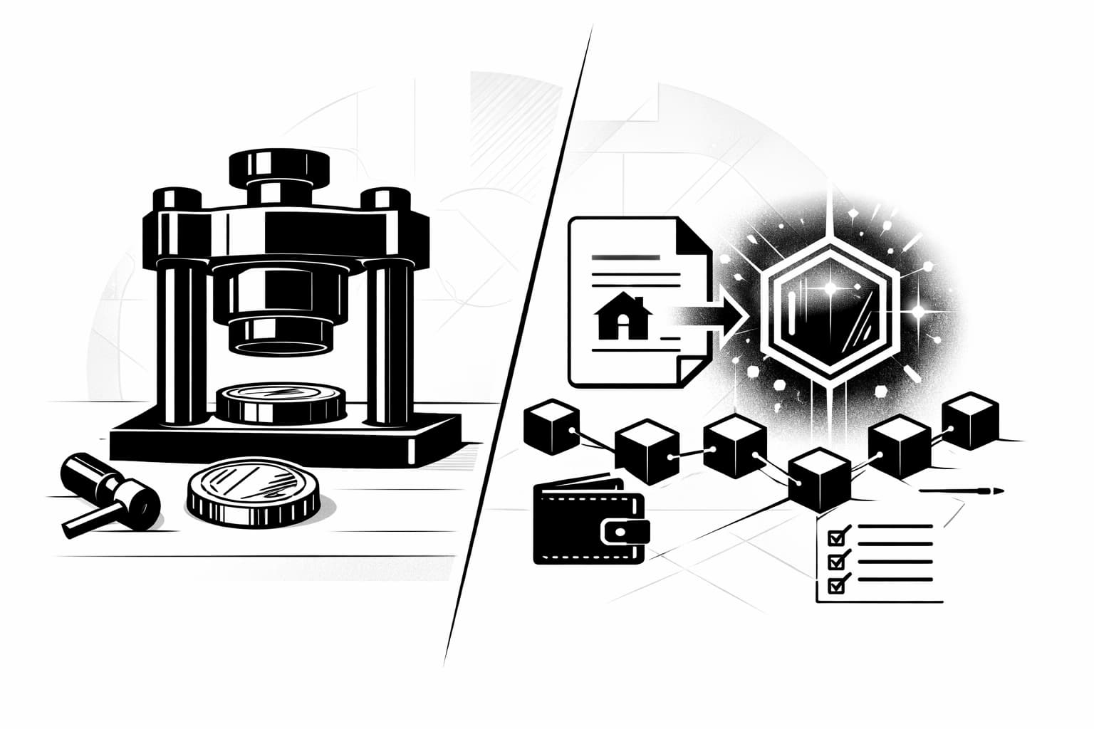 Split illustration of coin minting versus NFT minting with title deed analogy
