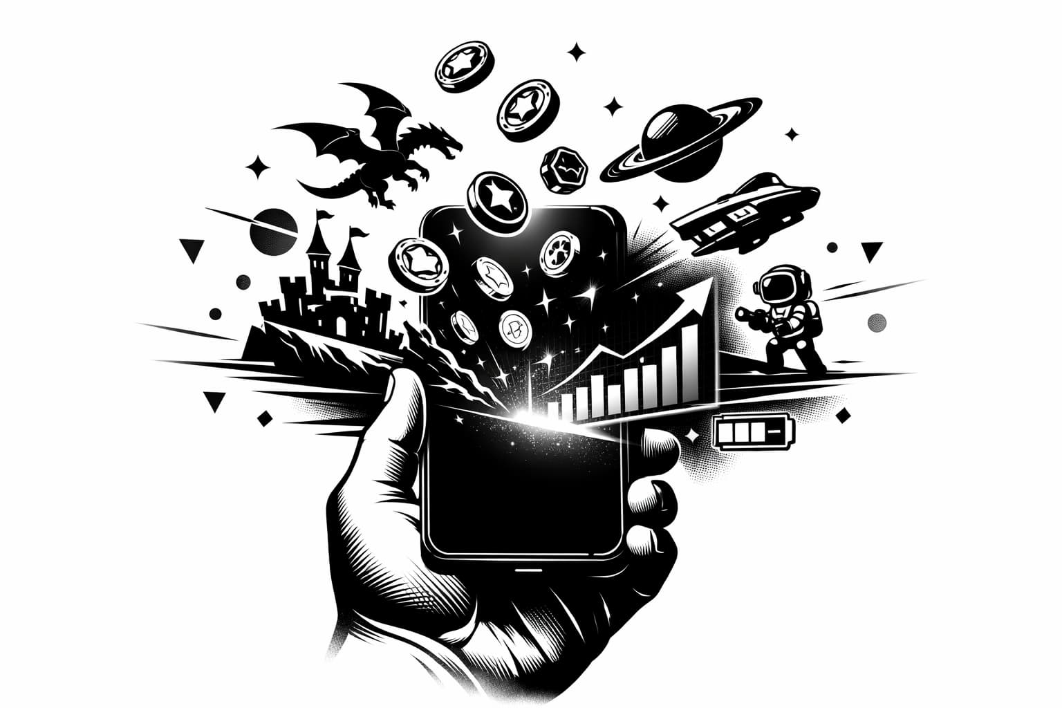 Smartphone displaying play-to-earn crypto game with coins and analytics visuals