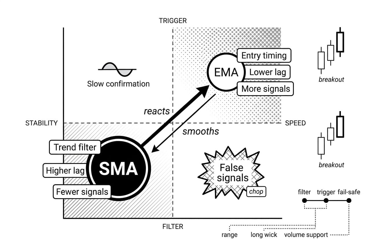 Monochrome quadrant chart comparing SMA and EMA moving average indicator tradeoffs.