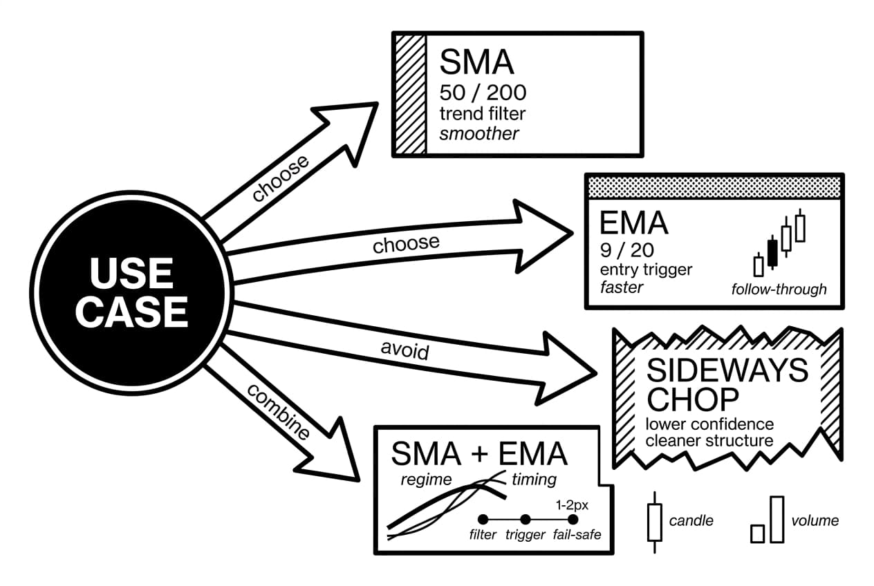 Monochrome moving average indicator flowchart comparing SMA, EMA, sideways chop, and combined signals.