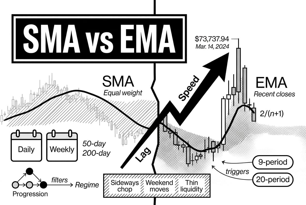 Monochrome infographic comparing SMA and EMA moving average indicators for crypto traders.