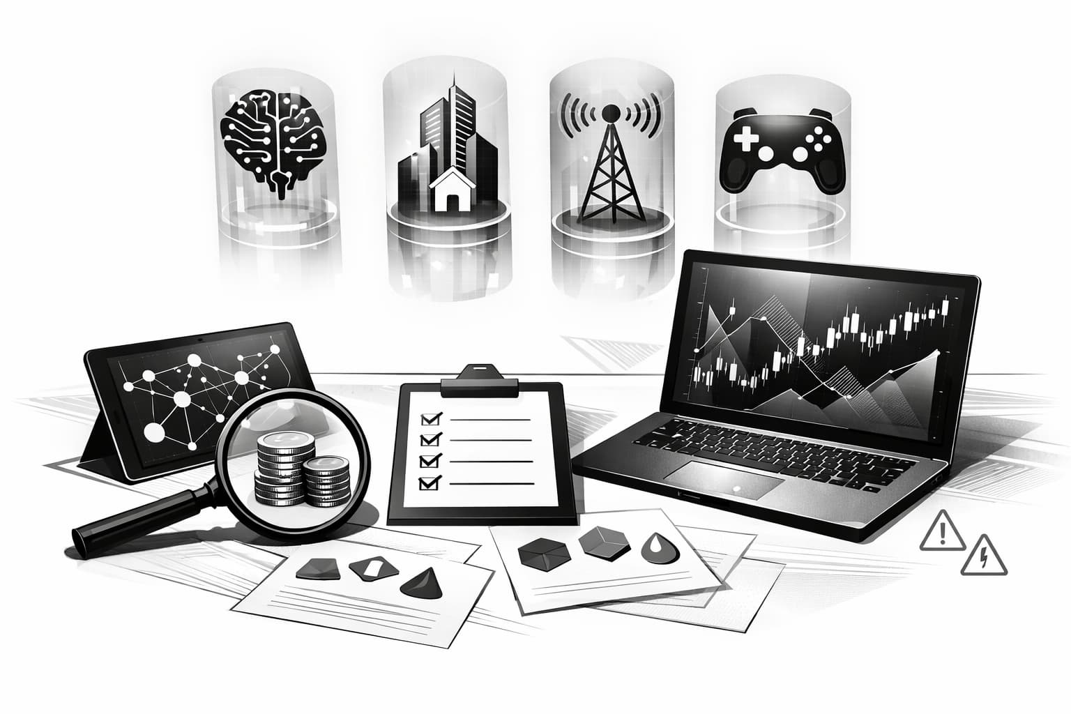 Crypto research workspace illustrating narrative pillars and project selection criteria for 2026