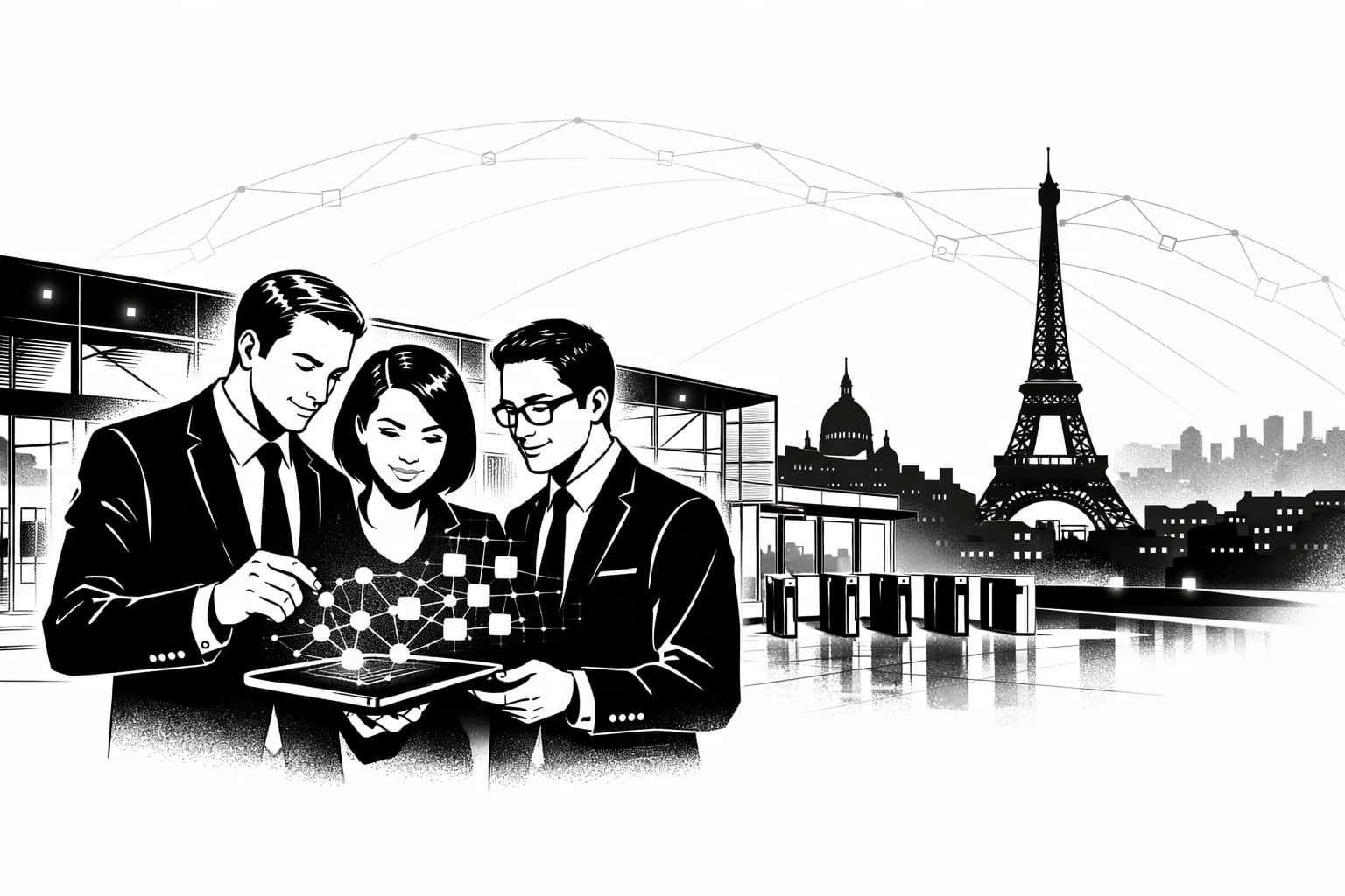 Professionals viewing blockchain network overlay with Paris skyline and Eiffel Tower backdrop