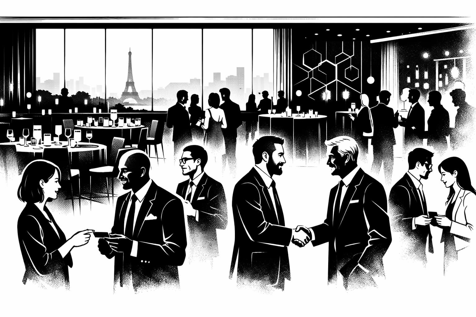Executives networking at an upscale Paris blockchain conference VIP dinner reception