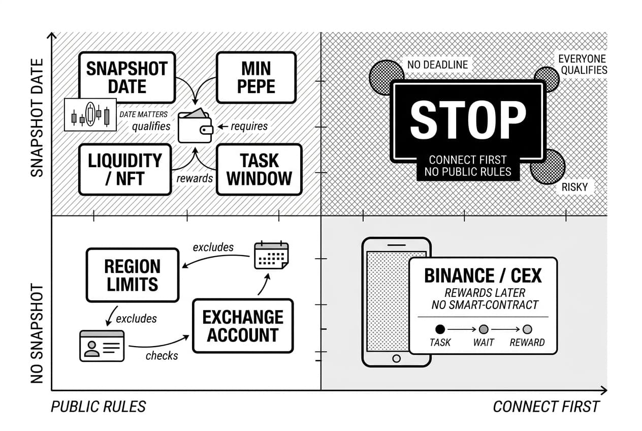 Monochrome PEPE airdrop eligibility matrix flags connect-first risks and BINANCE / CEX delays