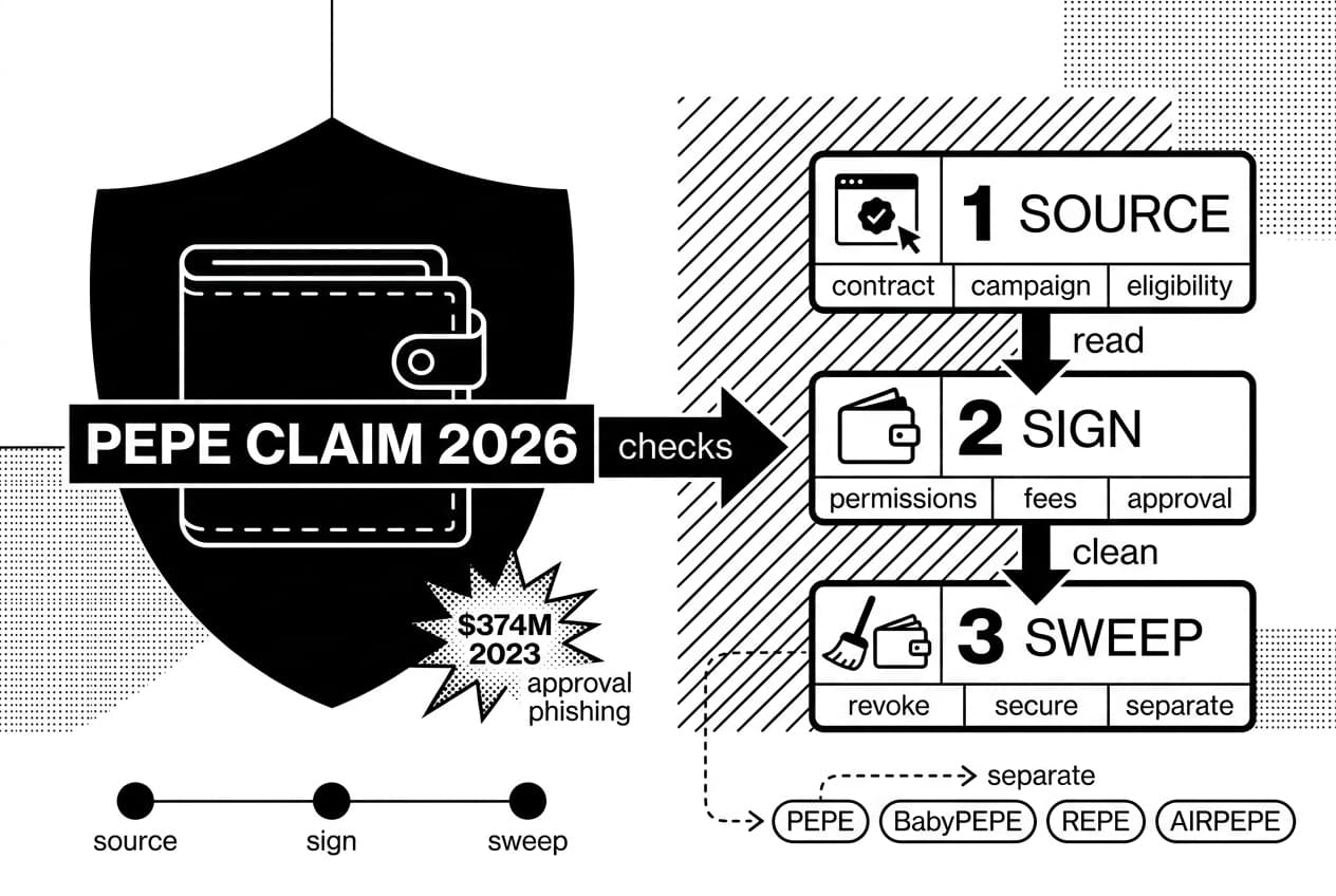 Monochrome Pepe Coin airdrop checklist shows PEPE source, sign, sweep steps separating BabyPEPE, REPE, AIRPEPE.
