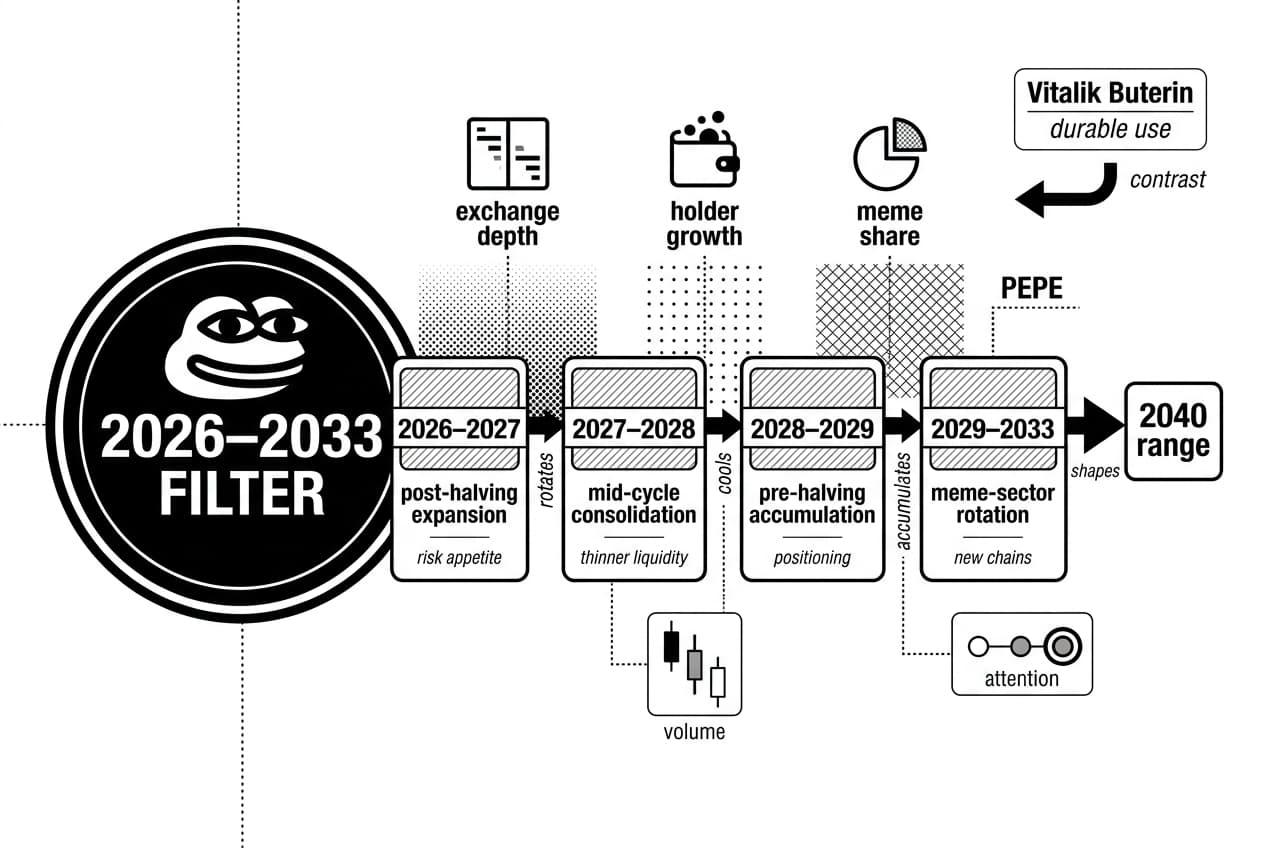 PEPE timeline infographic for Pepe Coin price prediction 2040, contrasting Vitalik Buterin durable use.