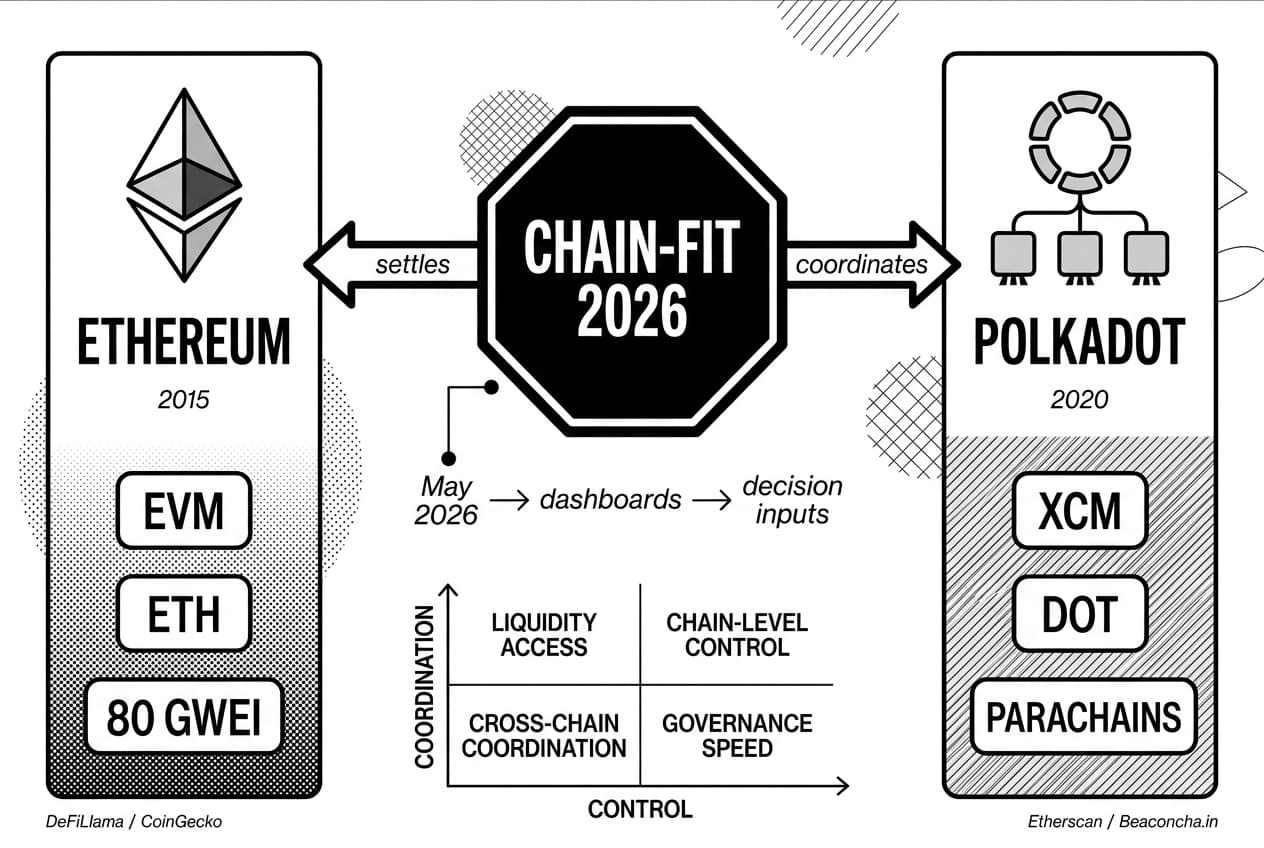 Monochrome Polkadot vs Ethereum decision hub comparing interoperability, smart contracts, and governance inputs.
