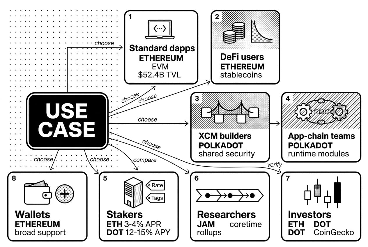 Decision wall comparing Polkadot vs Ethereum use cases across dapps, XCM, staking, investing.