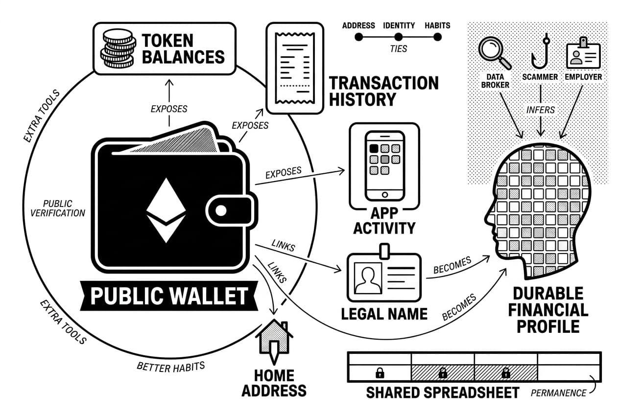 Ethereum privacy infographic showing a public wallet exposing activity and linking real-world identities.