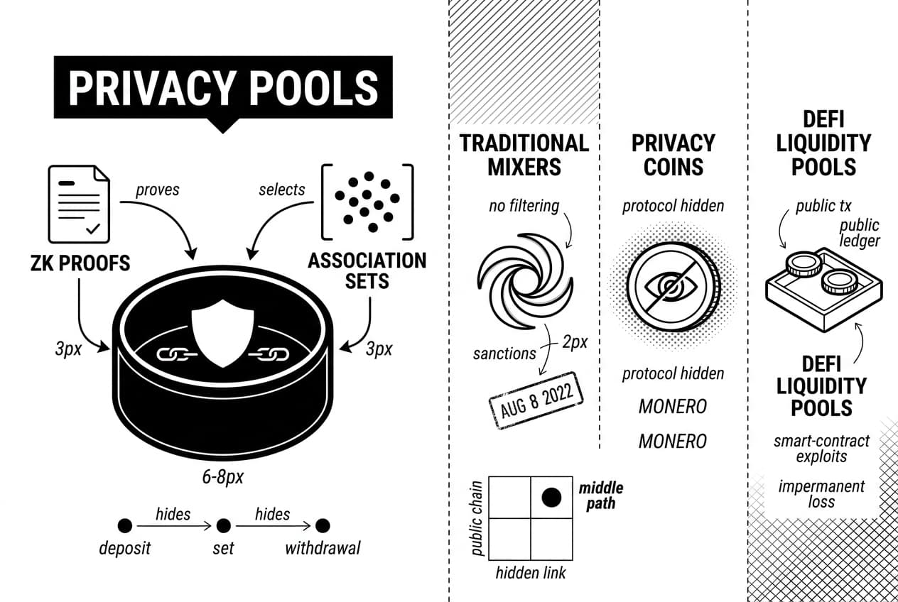 Infographic compares Privacy Pools with Traditional Mixers, Privacy Coins, Monero, and DeFi Liquidity Pools.