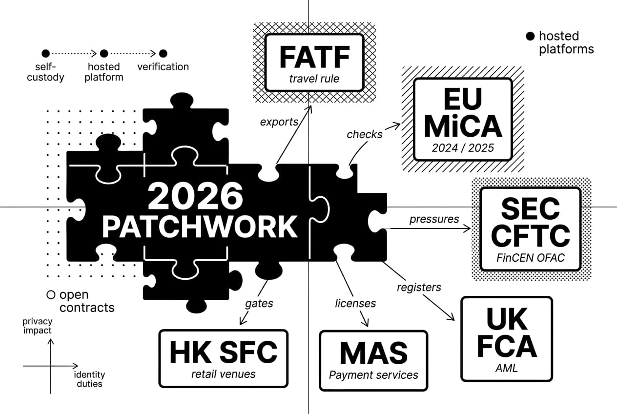 Privacy-compliance map links FATF, EU MiCA, SEC CFTC, FinCEN OFAC, UK FCA, MAS, HK SFC.