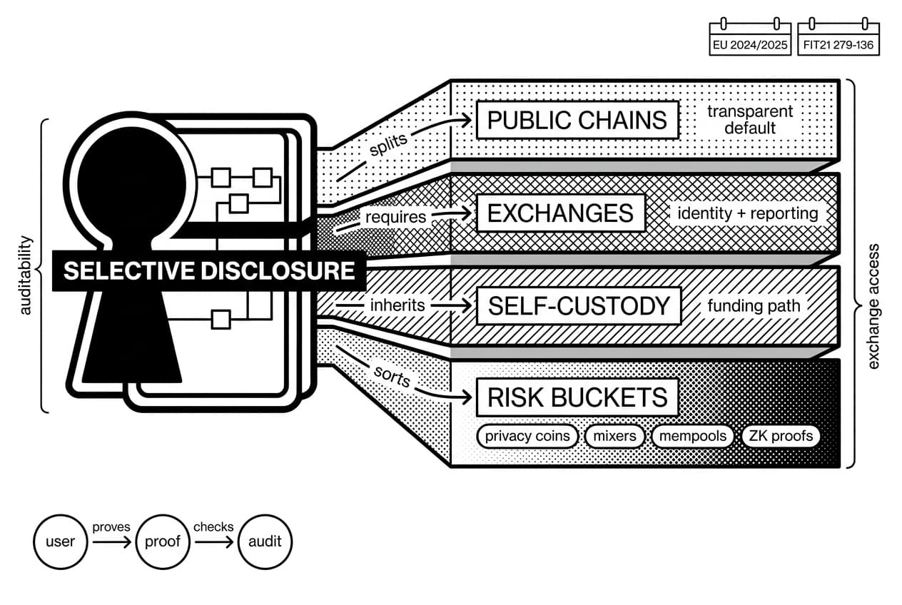 Monochrome infographic shows SELECTIVE DISCLOSURE splitting crypto privacy compliance across EU 2024/2025 and FIT21 279-136.