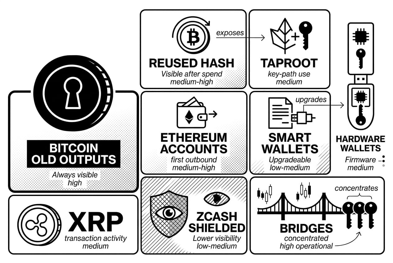 Quantum threat to blockchain exposure map shows BITCOIN OLD OUTPUTS, TAPROOT, ETHEREUM ACCOUNTS, XRP, ZCASH.