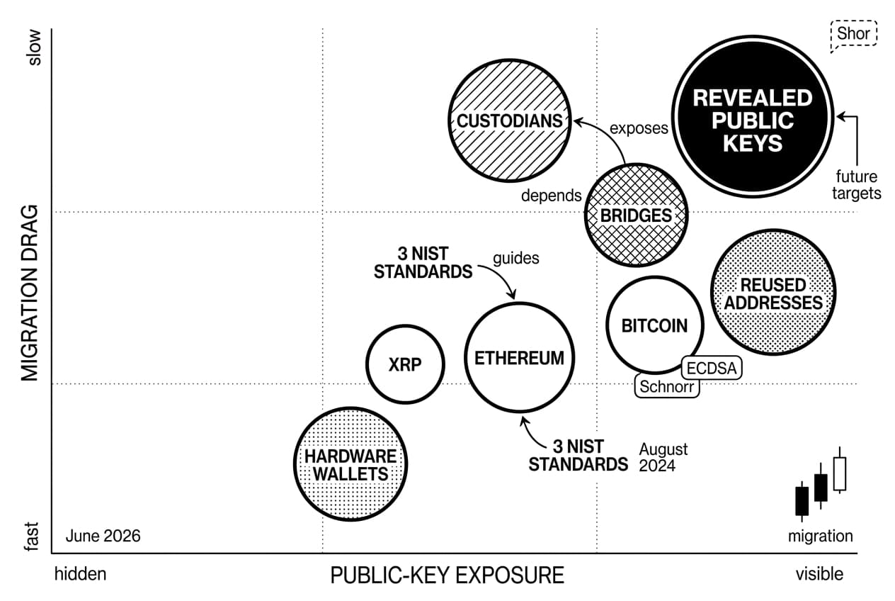 Exposure map shows quantum computing threat to blockchain across Bitcoin, Ethereum, XRP, and NIST migration.