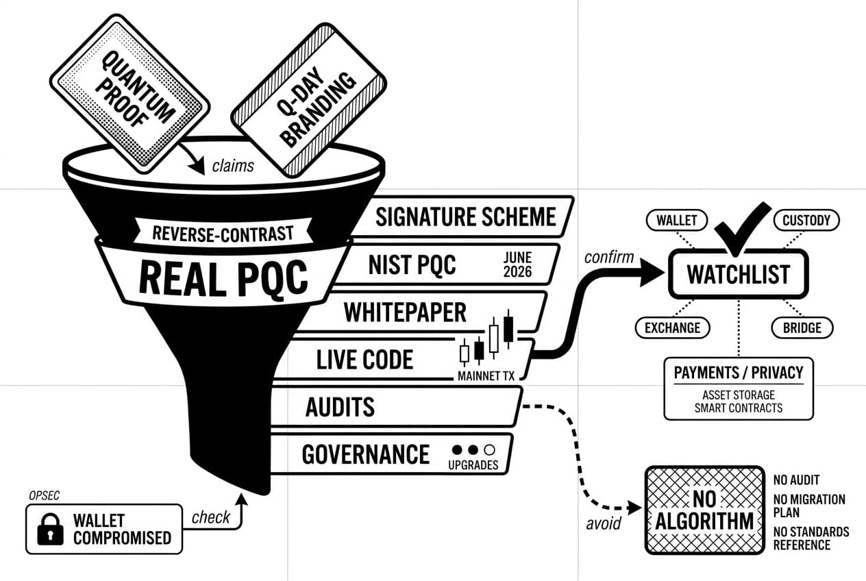 Monochrome funnel infographic filtering quantum-resistant blockchain claims through NIST PQC gates for Q-Day