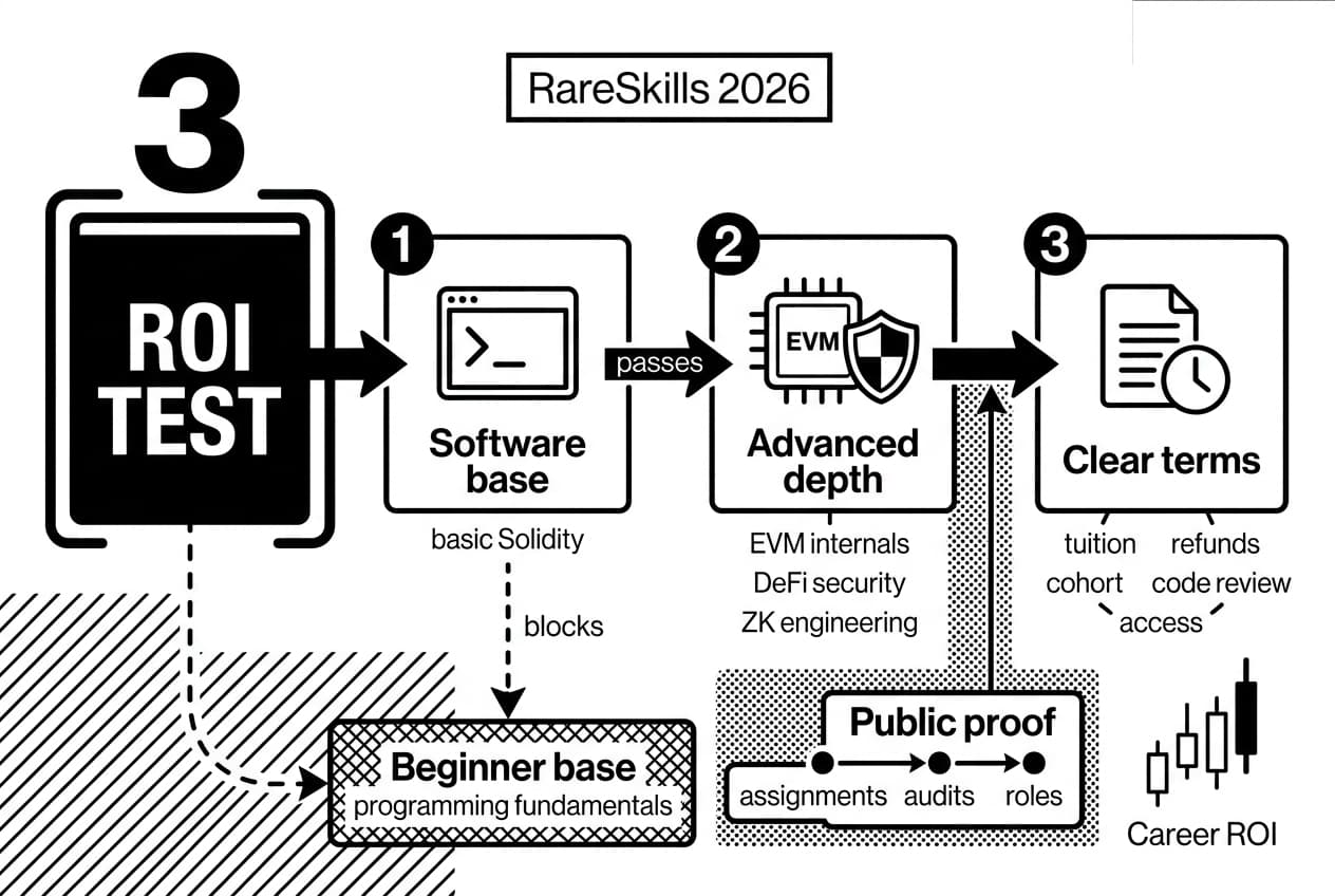 RareSkills Bootcamp review infographic showing three application gates for Solidity and ZK ROI.