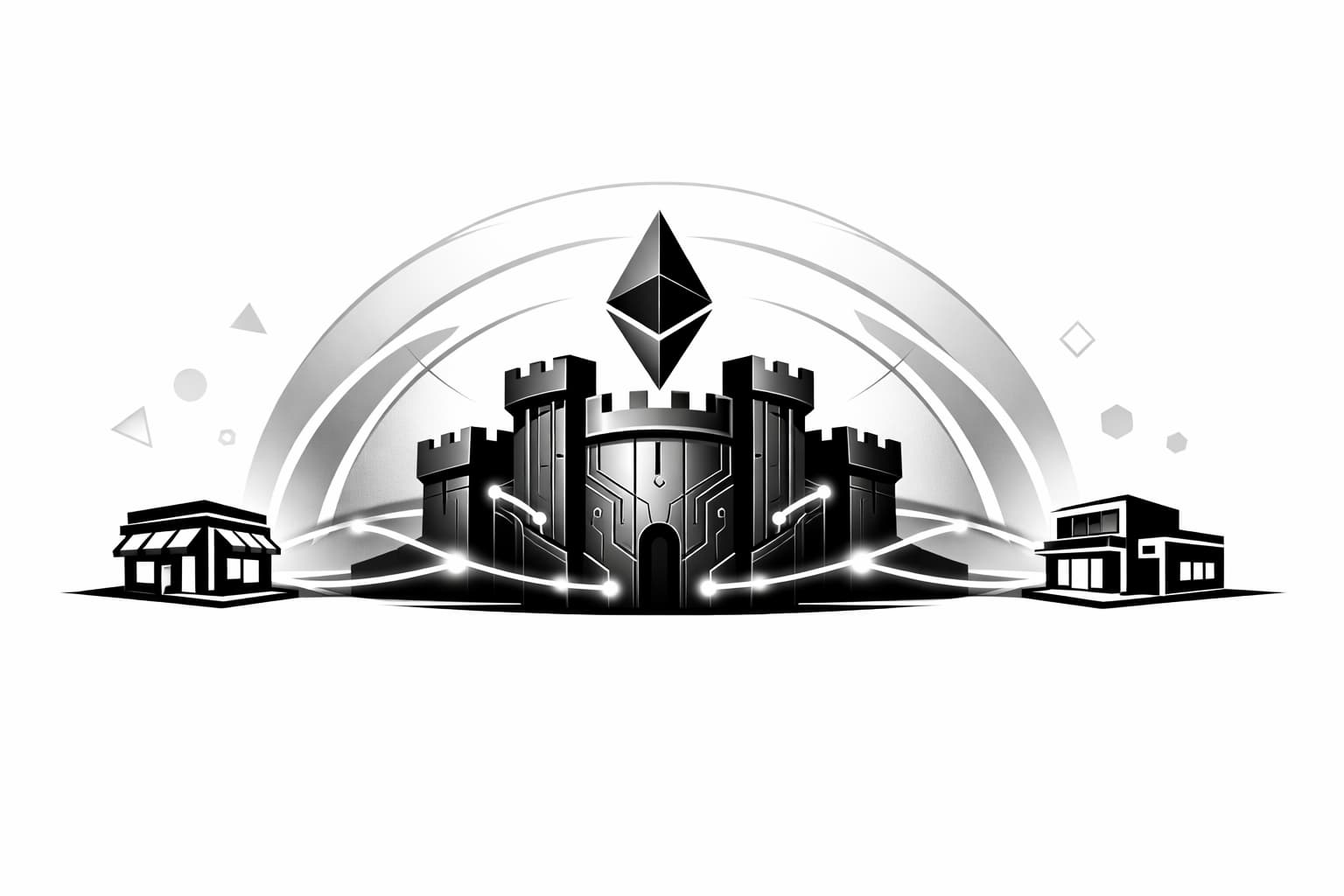 Ethereum fortress shielding connected rollup storefronts, illustrating inherited Layer 2 security.