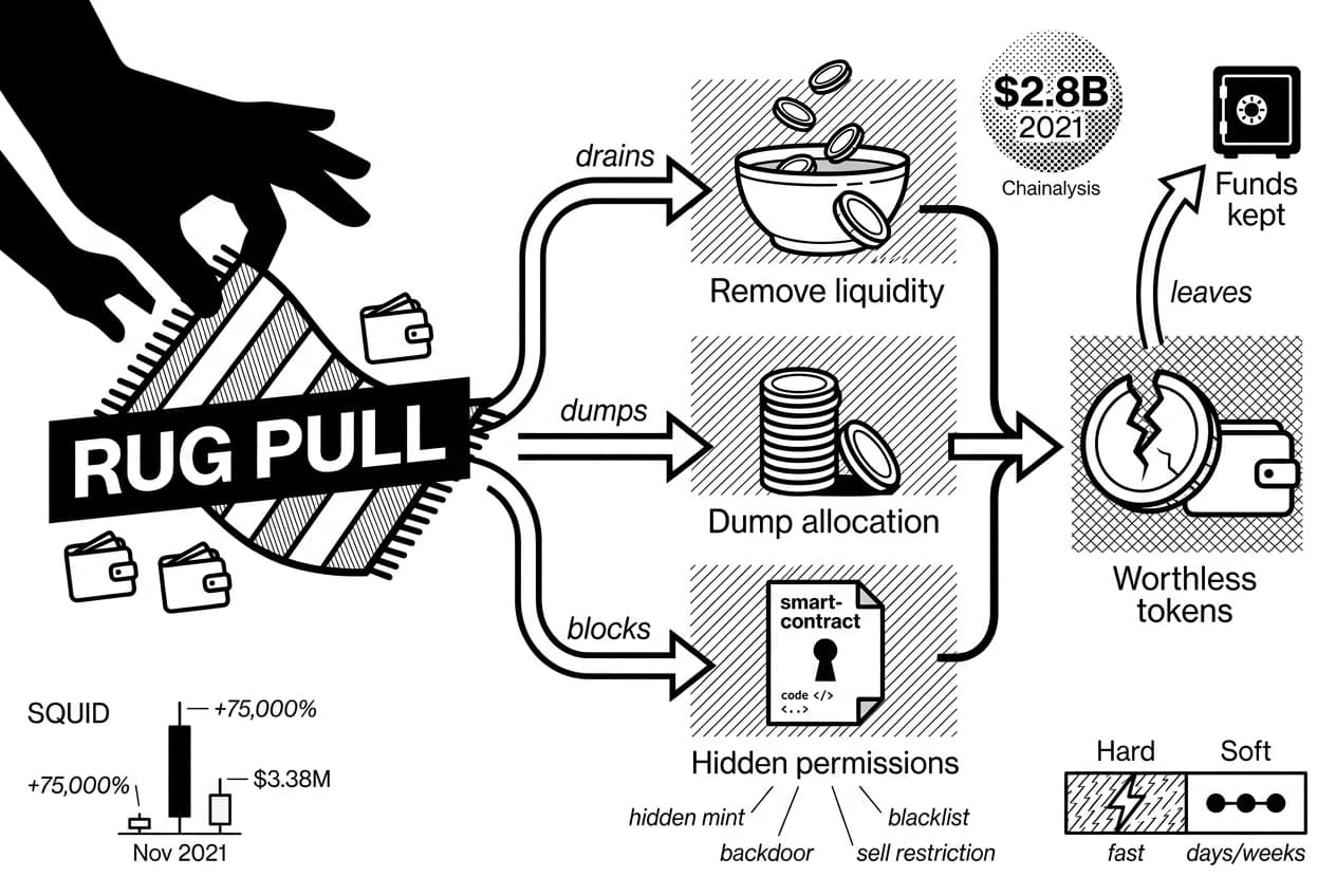Rug pull warning signs diagram showing drains, SQUID chart, and Chainalysis loss stamp