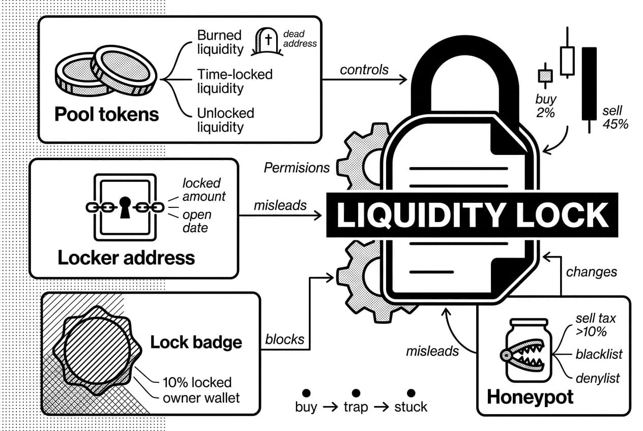 Monochrome infographic showing DEX liquidity lock checks and rug pull warning signs.