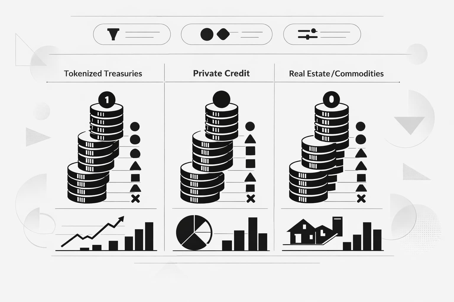 Ranked dashboard illustration of RWA crypto projects categorized by asset type