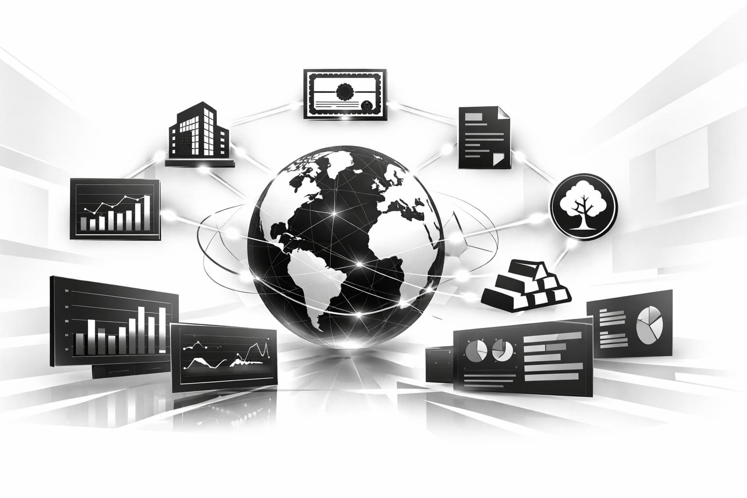 Futuristic dashboard showing tokenized real-world assets connected to a global network