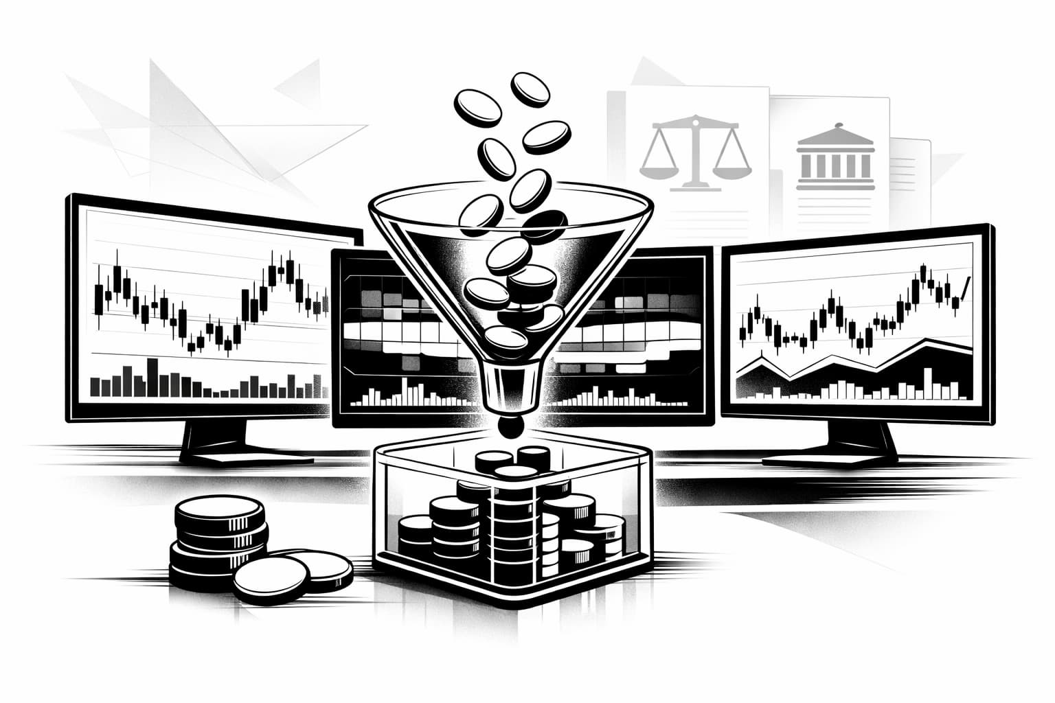 Abstract market dashboard showing altcoin price moves, liquidity, and institutional inflows