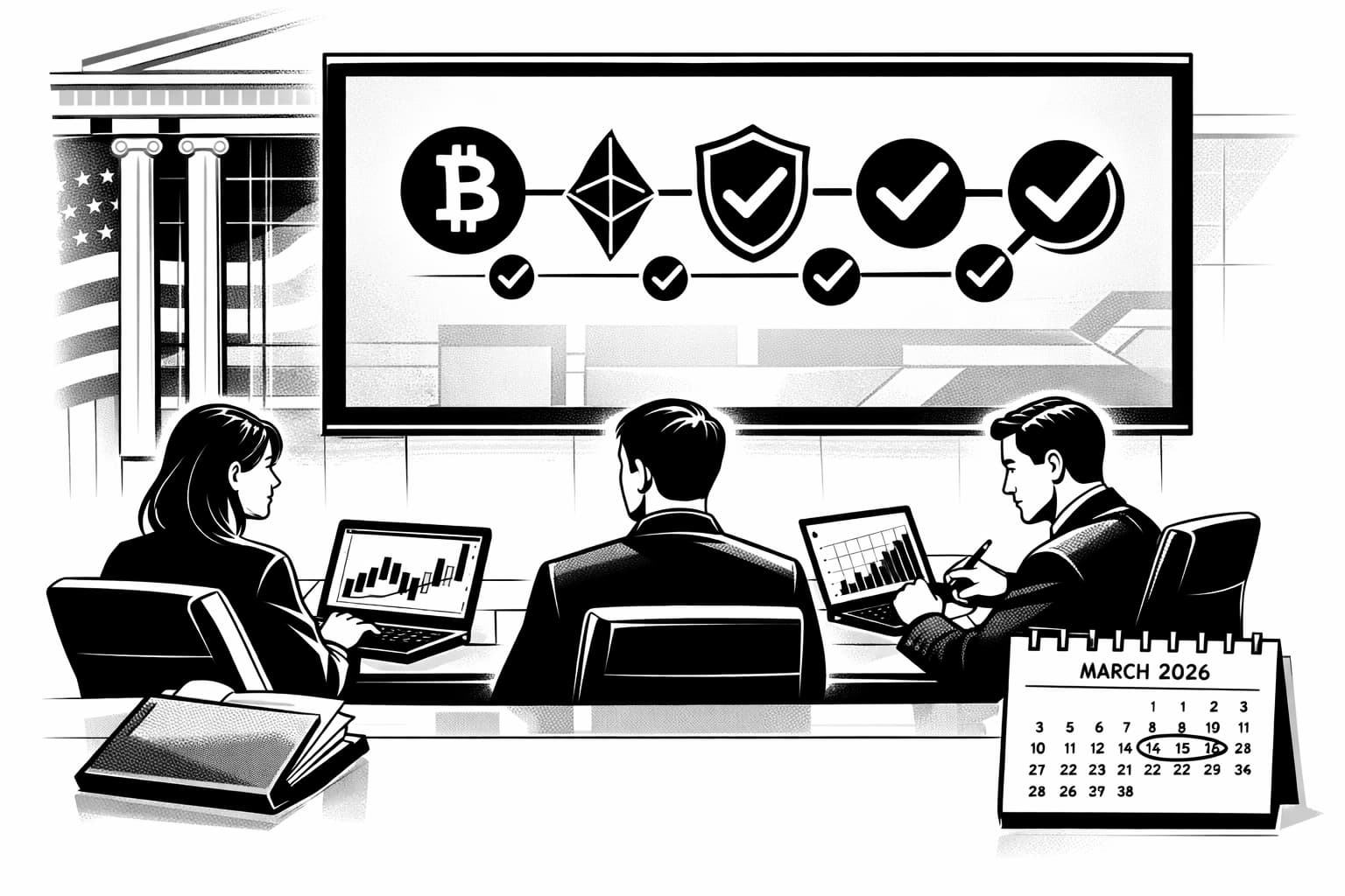 SEC-style regulatory briefing with investors analyzing crypto compliance and market charts