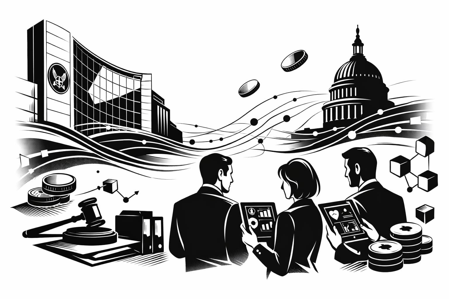 Illustration of SEC and Capitol linked to crypto markets and compliance planning