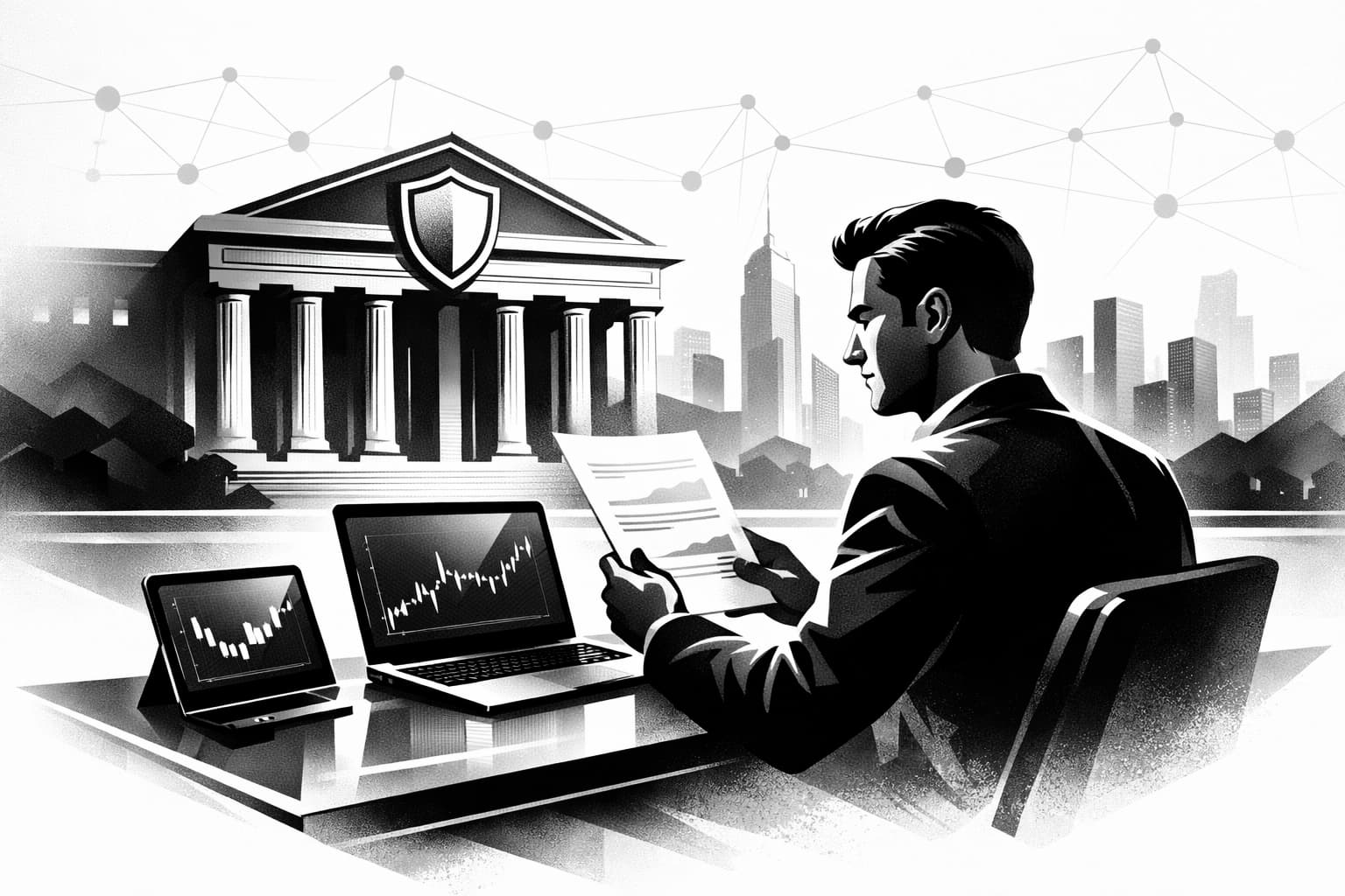 Investor reviewing crypto market charts beside a stylized U.S. regulator building