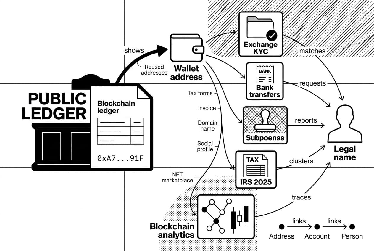 Diagram shows self-custody wallet visibility from PUBLIC LEDGER to IRS 2025 legal name