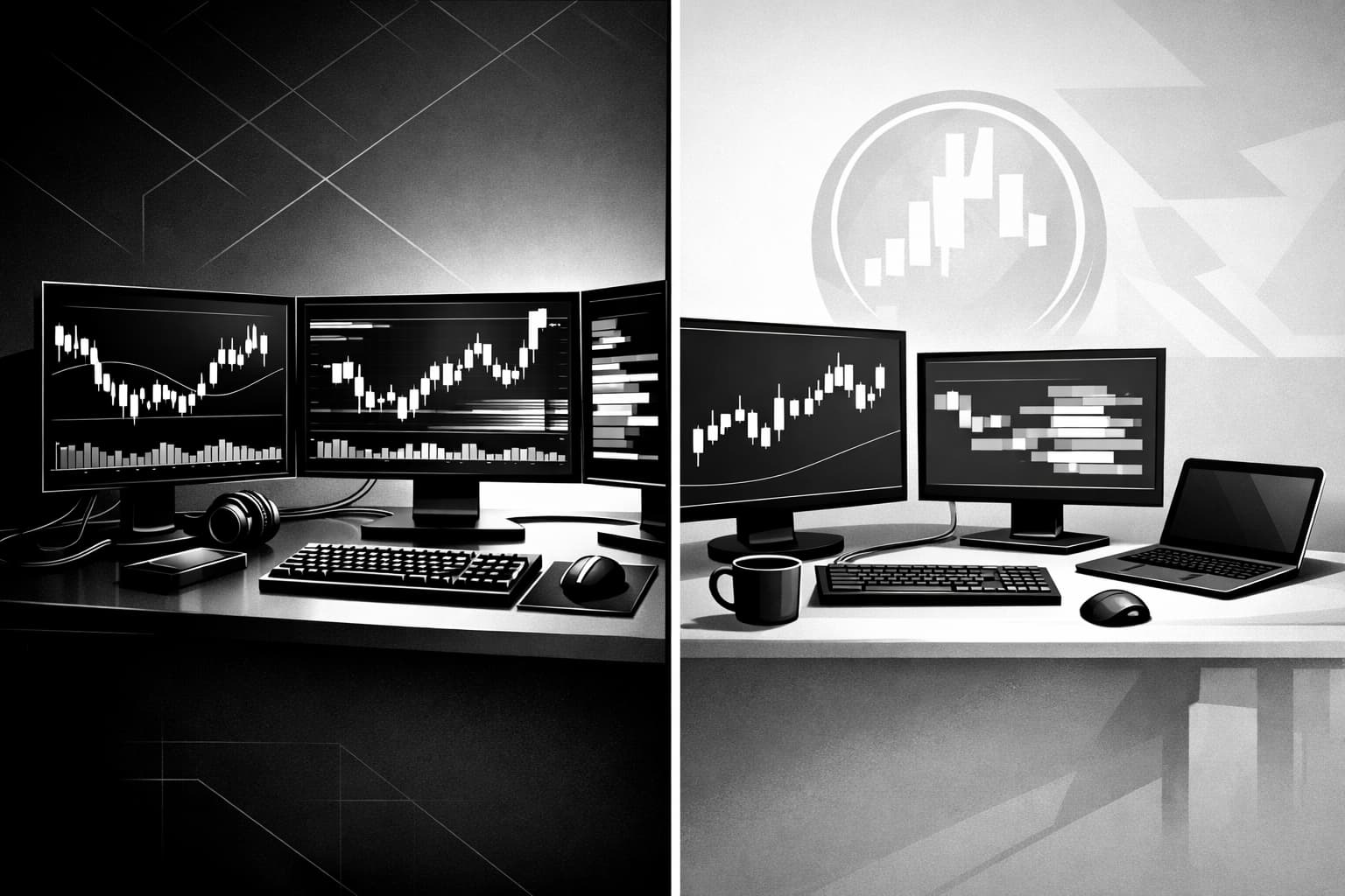 Dual-monitor crypto trading workspace illustrating professional versus casual platform suitability