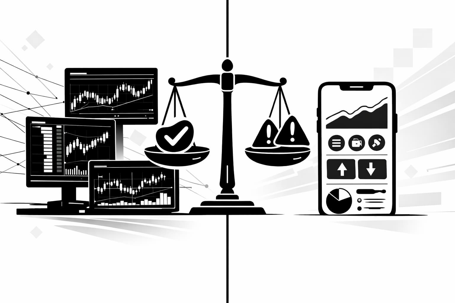 Split-screen illustration comparing Sierra Charts strengths and drawbacks for crypto traders