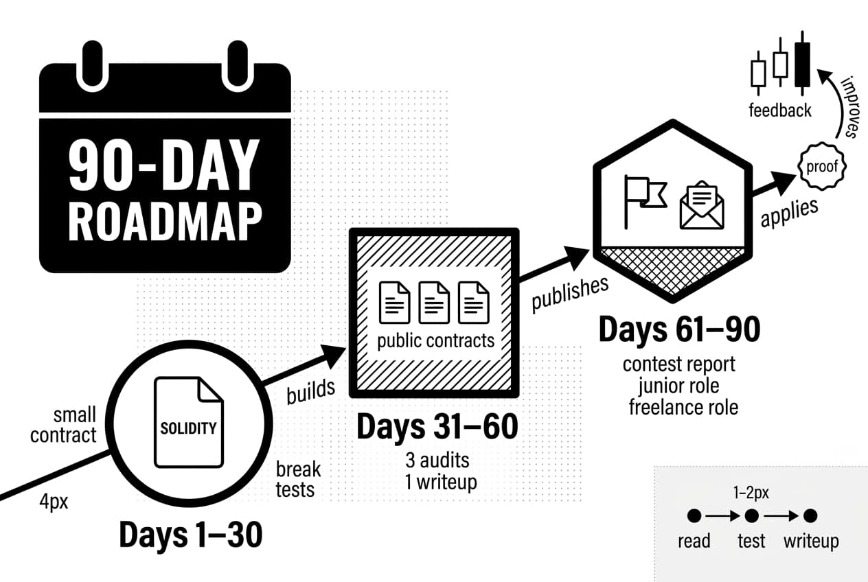 90-day smart contract auditor career timeline with Solidity tests, audits, reports, and applications.