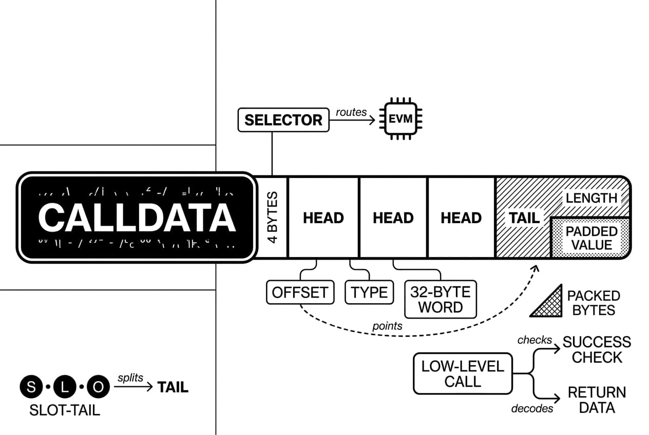 Monochrome Solidity ABI encoding diagram showing CALLDATA segments, offsets, tail, and EVM routing.