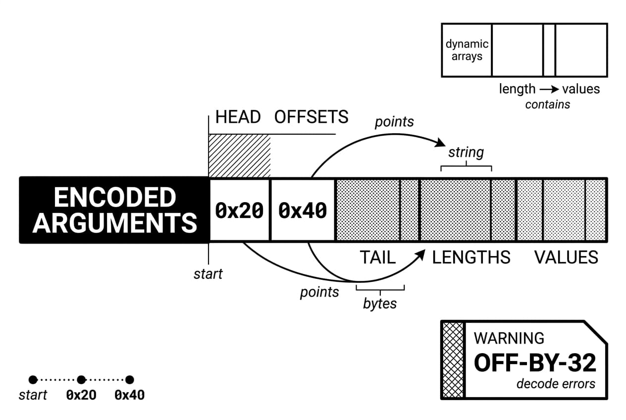 Solidity ABI calldata diagram showing head offsets pointing to tail values.