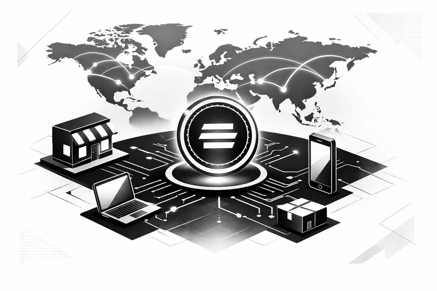 Illustration of stablecoin payments connecting businesses and users across a global network