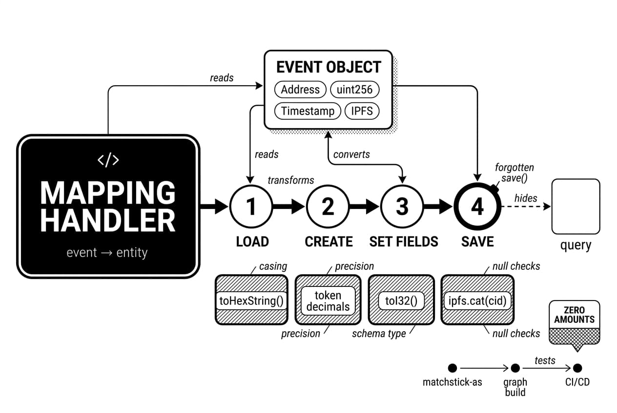 Monochrome The Graph subgraph mapping diagram transforming events into entities with save warning