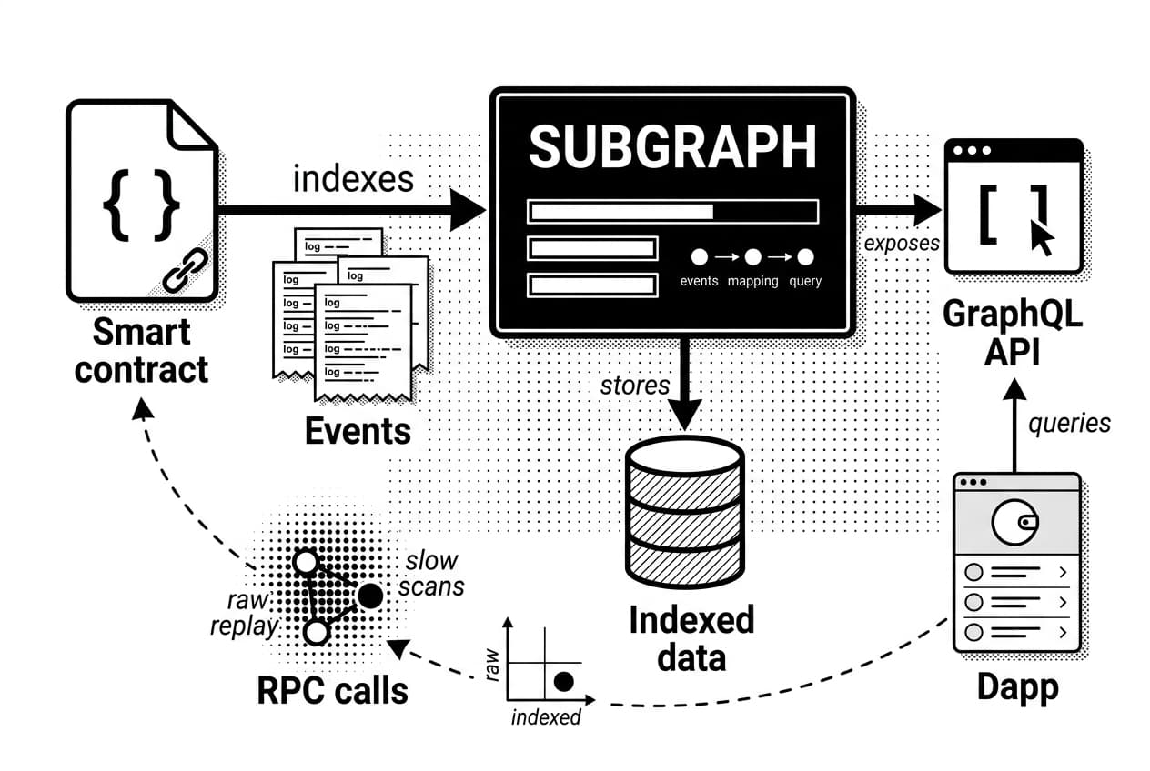 The Graph subgraph development diagram linking smart contract events to GraphQL API Dapp queries
