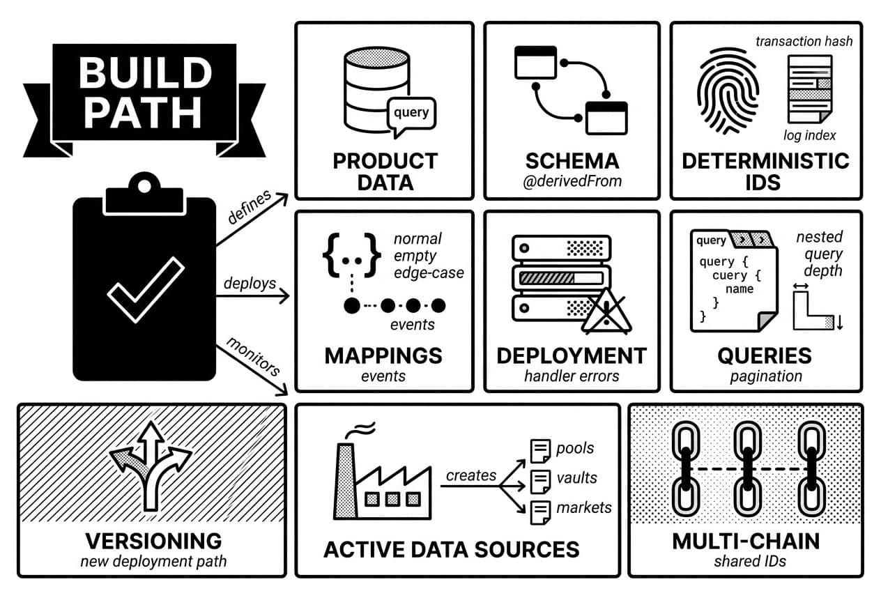 Checklist infographic summarizing subgraph development readiness for indexing with The Graph