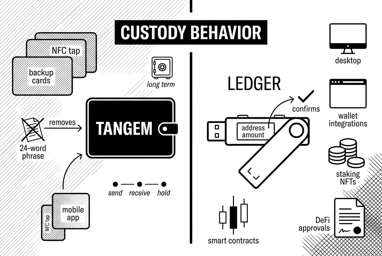 Monochrome Tangem vs Ledger infographic comparing card wallet custody with hardware device confirmations