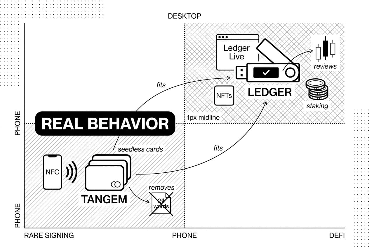 Decision matrix compares Tangem cards, Ledger hardware, and Ledger Live across phone and DeFi.