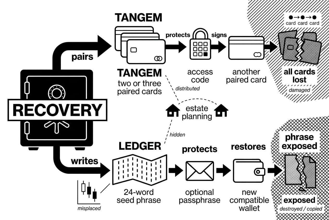 Monochrome flowchart compares Tangem cards and Ledger seed phrase recovery paths.