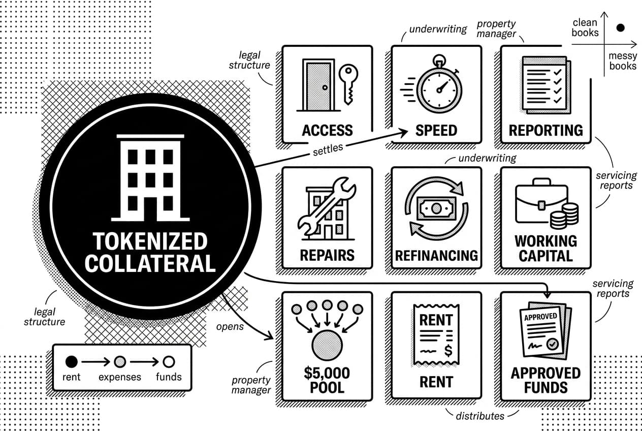 Monochrome infographic showing tokenized real estate DeFi lending benefits around property collateral.