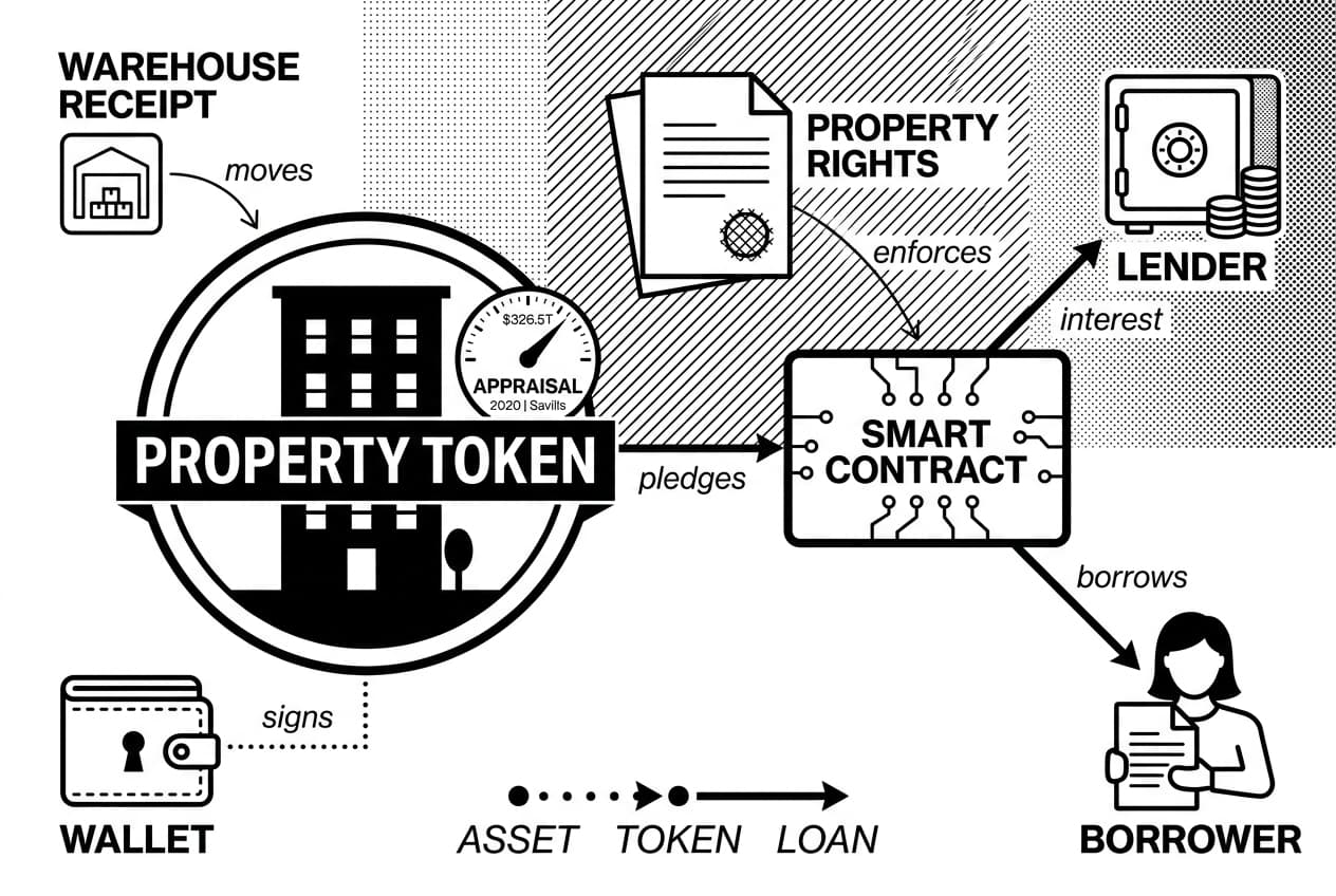 Diagram showing PROPERTY TOKEN linking wallet, SMART CONTRACT, LENDER, and BORROWER in real estate DeFi.